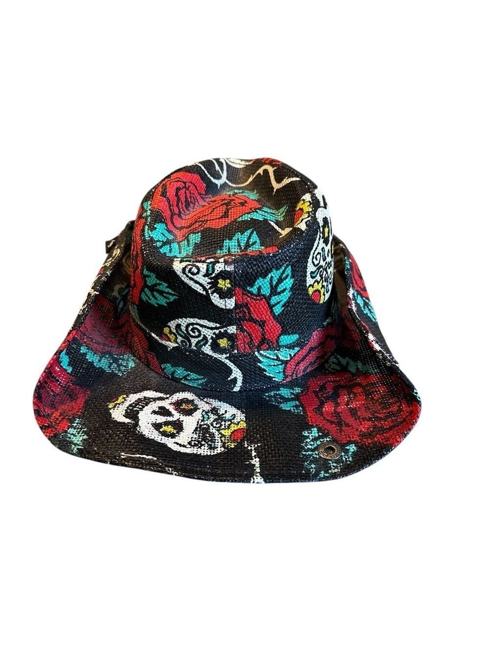 Peter Grimm Cowboy Hat Sugar Skulls/Rose Print Black Cotton Western Cowgirl EUC